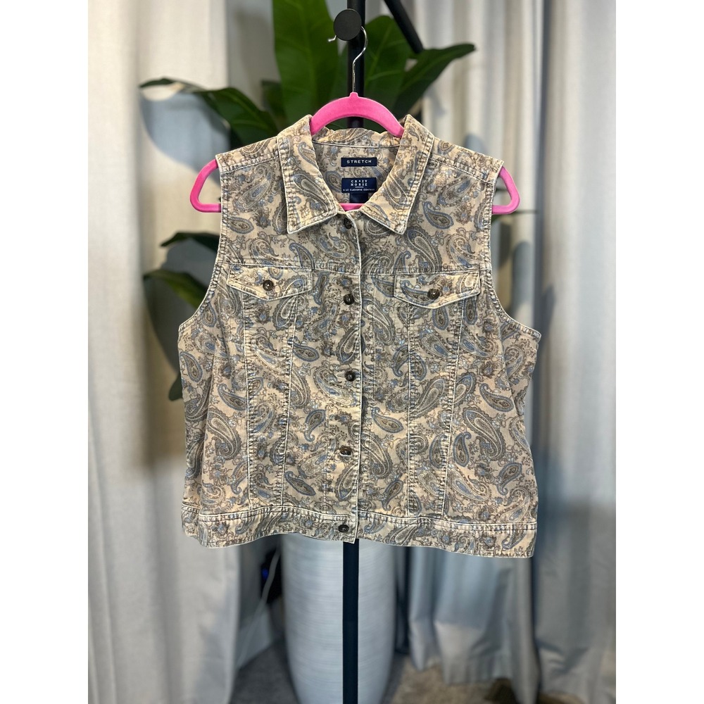 Crazy Horse Womens XL Paisley Corduroy Vest Blue Tan Stretch Button Front XL